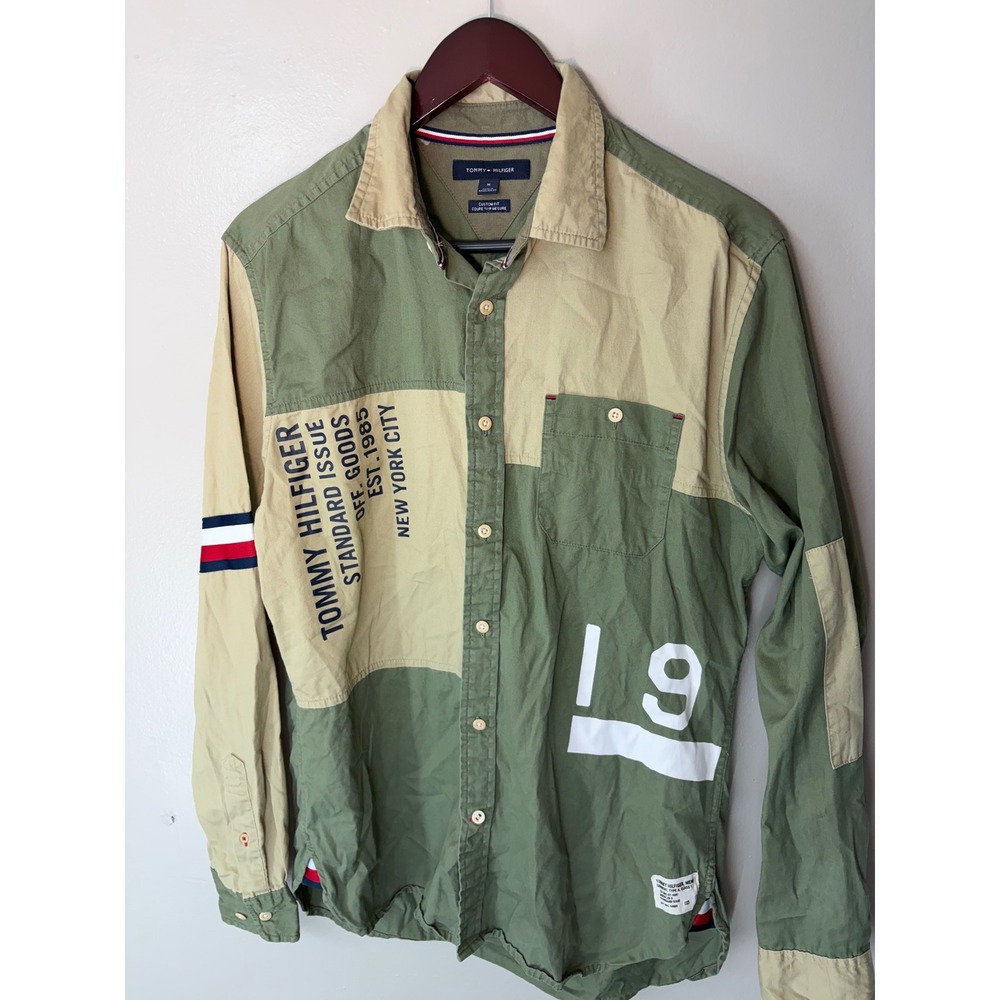 Tommy Hilfiger Mens Colorblock Graphic Button Down Shirt Green Tan Custom Fit M
